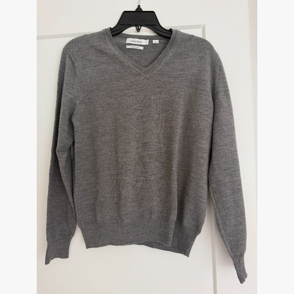 Calvin Klein Merino Wool V-Neck Sweater Gray Size M